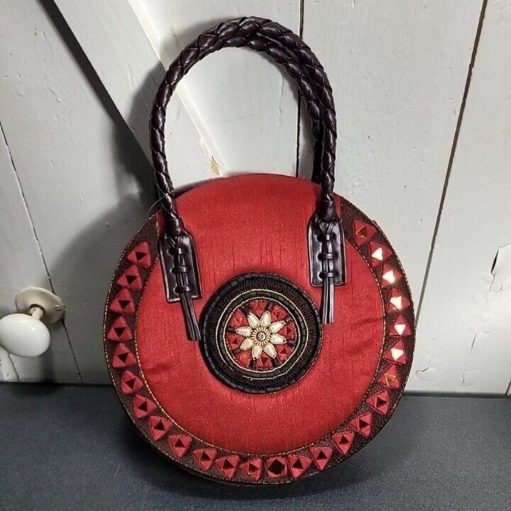 Medium Size oval Silk Fabric Beaded Purse Satchel Beaded - NWOT